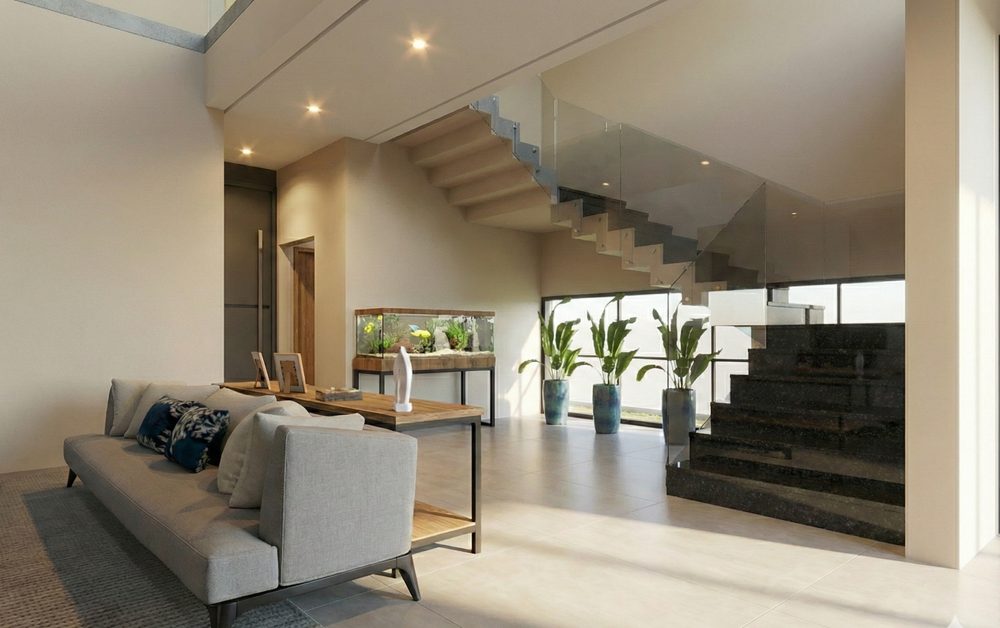 Projeto residencial em Uberlândia — sala de pé-direito duplo com escada e aquário, por Alice Rizzo