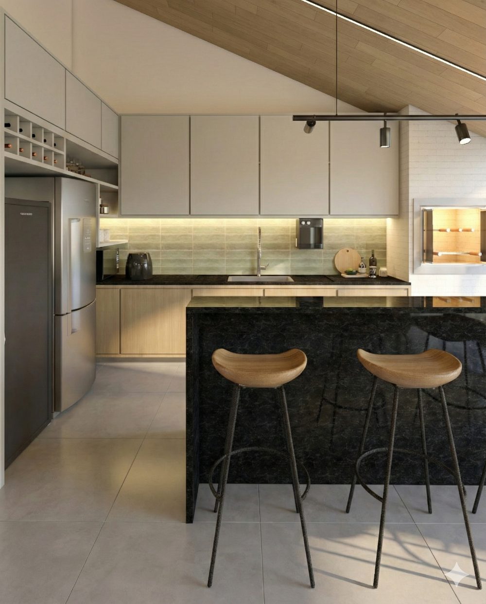 Cozinha com marcenaria clara e revestimento verde, projeto de interiores por Alice Rizzo